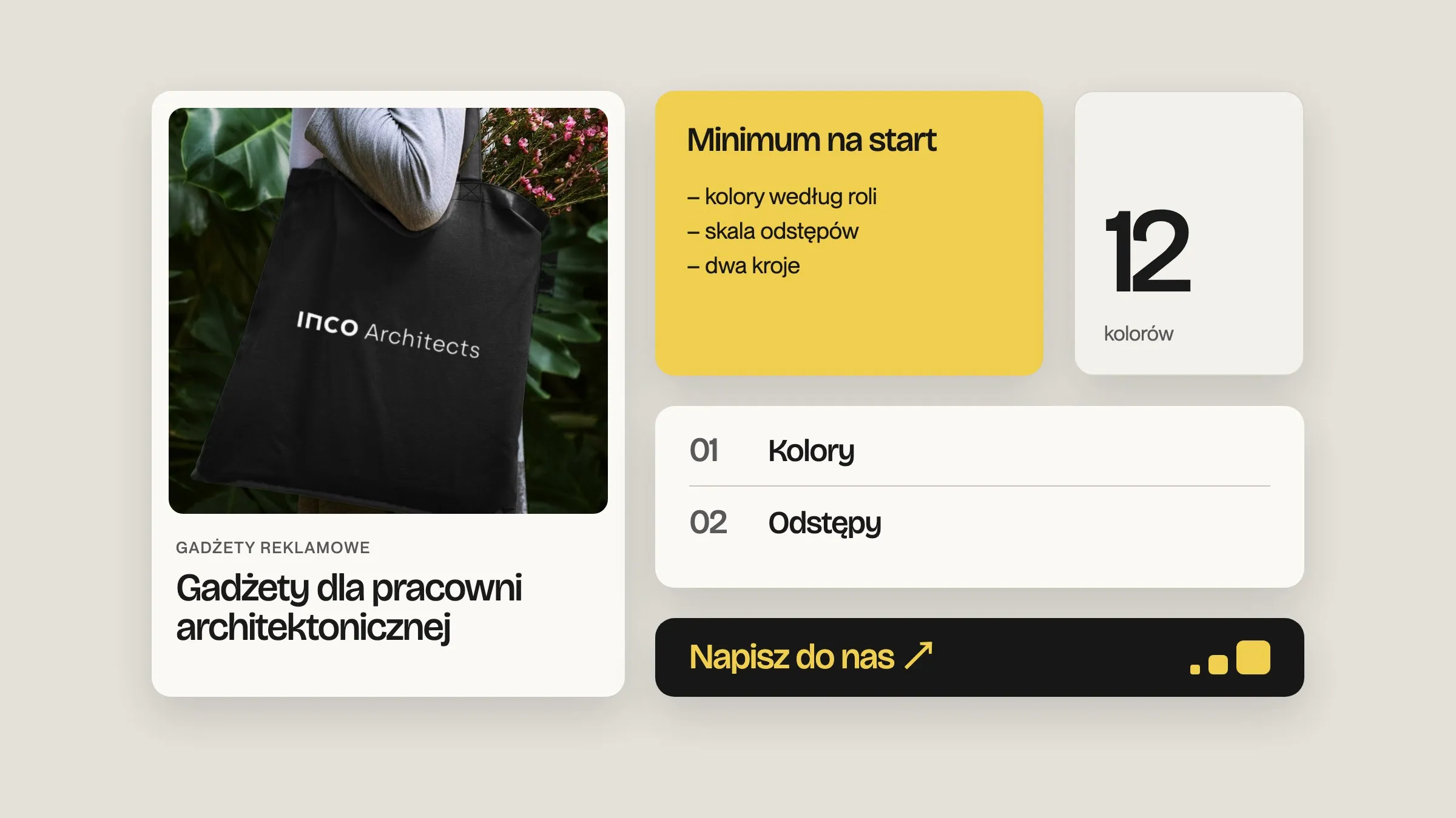 Klocki strony Medium ułożone obok siebie: karta wpisu ze zdjęciem torby, żółta ramka Minimum na start, liczba 12 kolorów, kroki 01 Kolory i 02 Odstępy oraz ciemny przycisk Napisz do nas