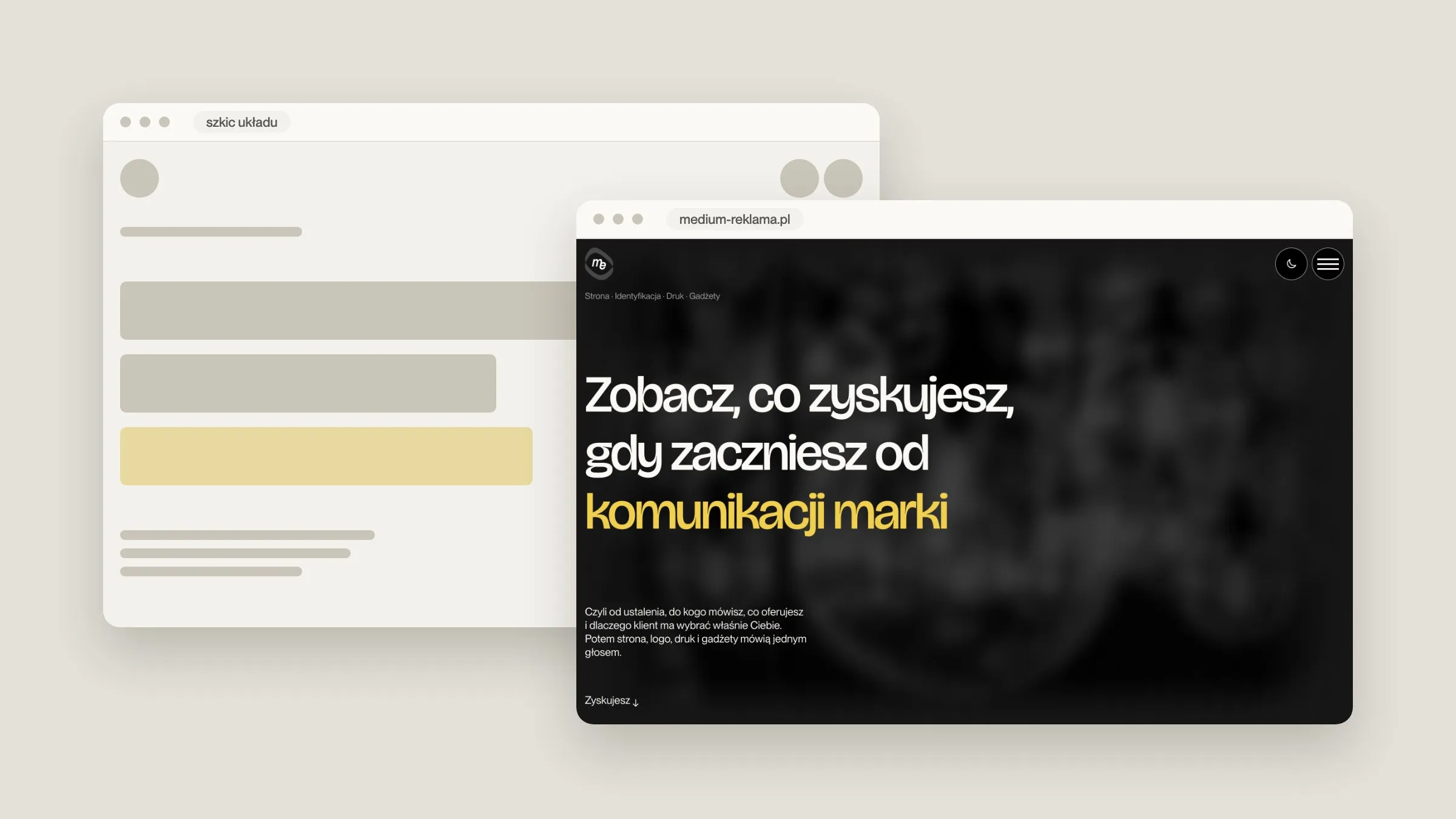 Strona główna medium-reklama.pl w dwóch etapach: po lewej szary szkic układu w oknie przeglądarki, po prawej gotowa strona z hasłem Zobacz, co zyskujesz, gdy zaczniesz od komunikacji marki