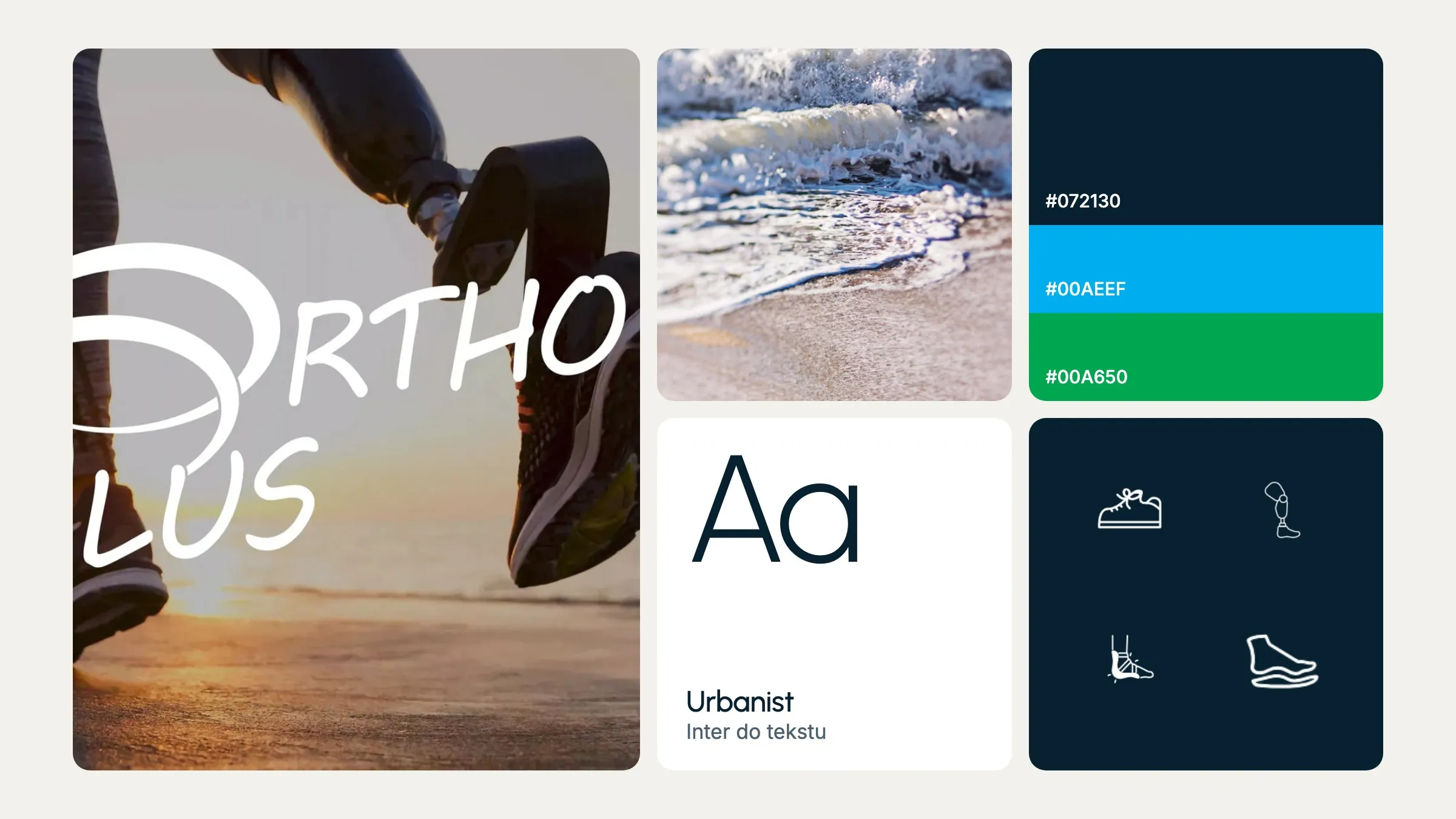 Moodboard strony Orthoplus: zdjęcie biegacza z protezą nogi o zachodzie słońca z logo Orthoplus, fale na plaży, kolory granatowy, niebieski i zielony, pismo Urbanist i Inter oraz białe ikony buta, protezy, ortezy i wkładki na granatowym tle